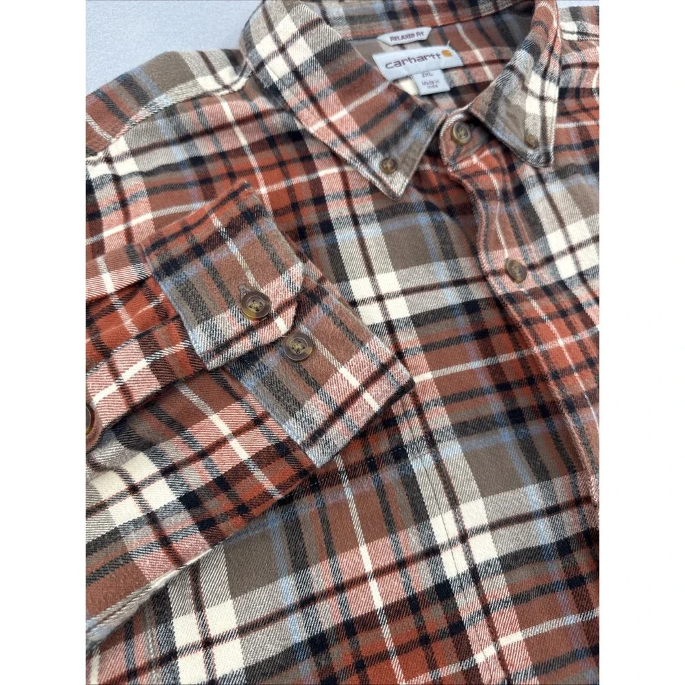 Carhartt Trumbull Long Sleeve Button Down Flannel Mens 2XL Orange Plaid Workwear